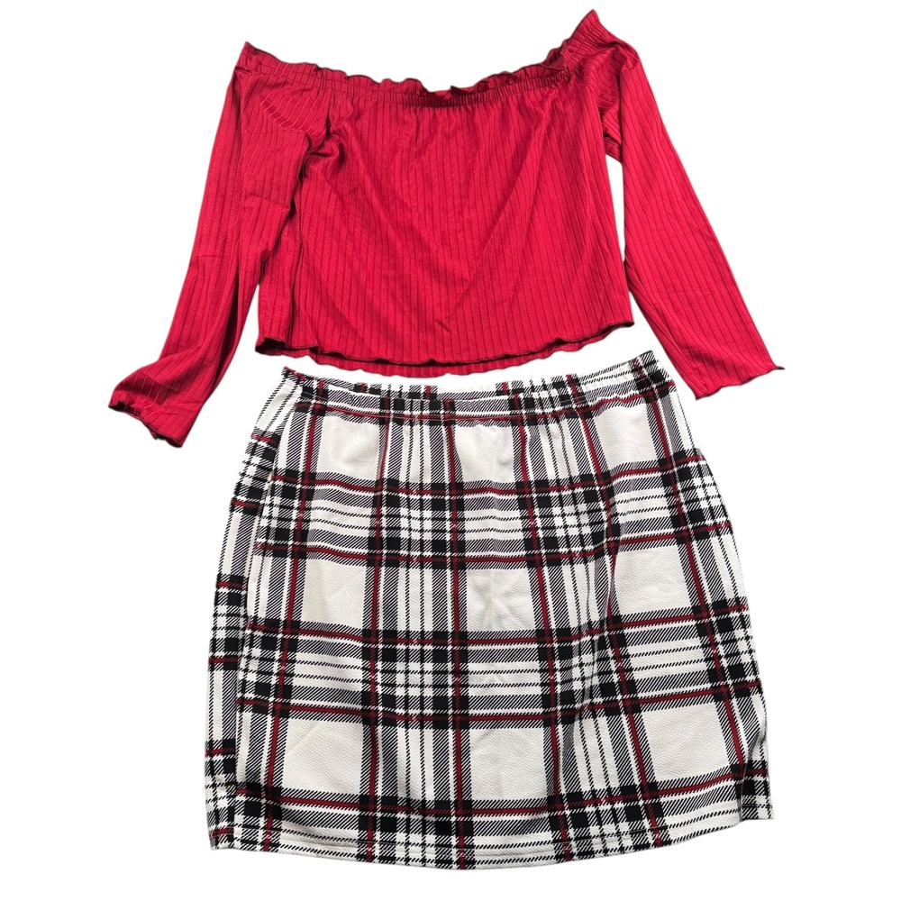 SHEIN CURVE Red Ribbed Off Shoulder Long Sleeve Top Plaid‎ Skirt Set 2XL 669